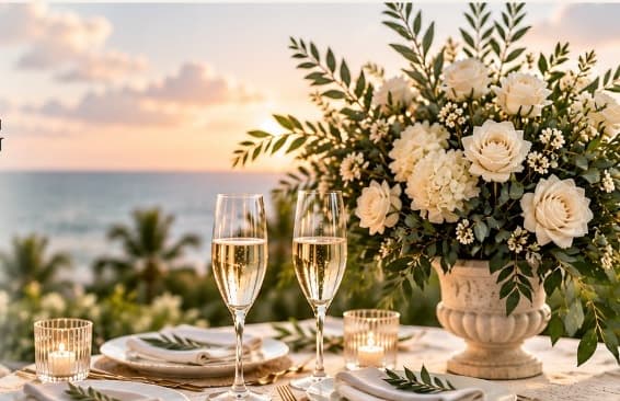 An elegant Golden Spoon catering table overlooking the water at sunset.