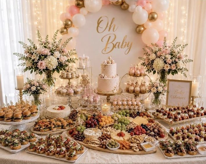 A baby shower catering table with an Oh Baby cake, grazing board, florals and desserts.