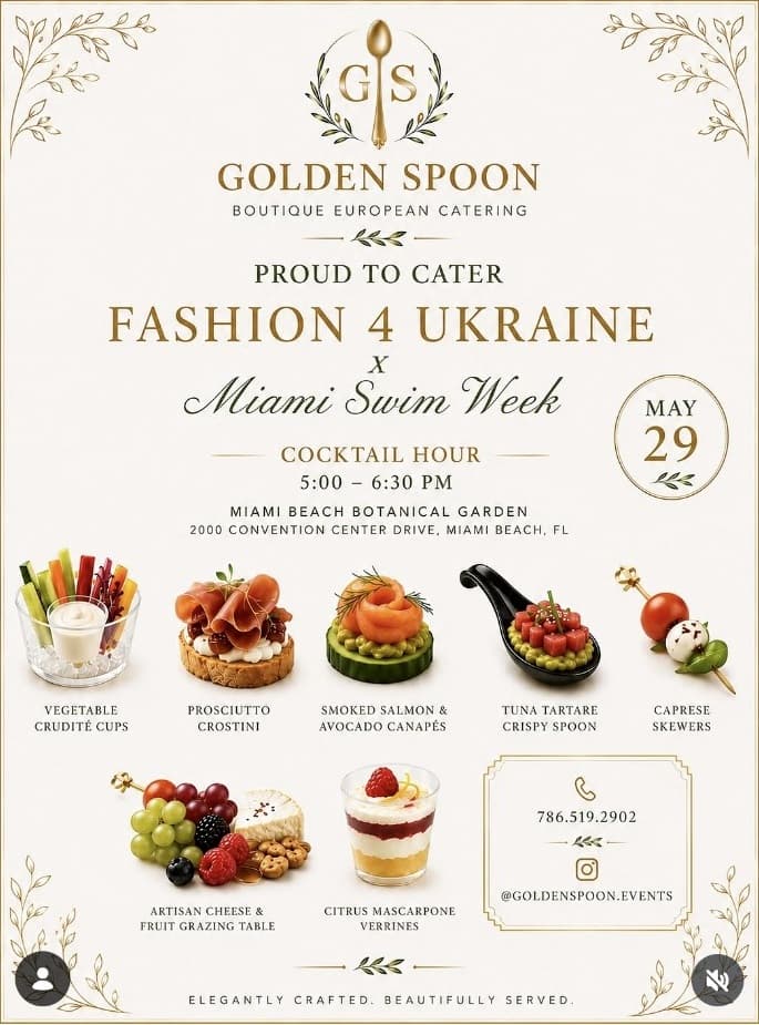 Fashion 4 Ukraine x Miami Swim Week menu card by Golden Spoon.