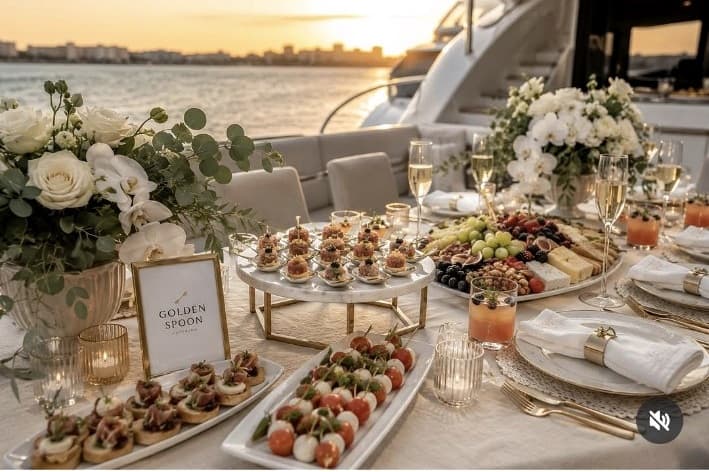 Golden Spoon yacht catering at sunset with hors d’oeuvres, champagne and branded signage.