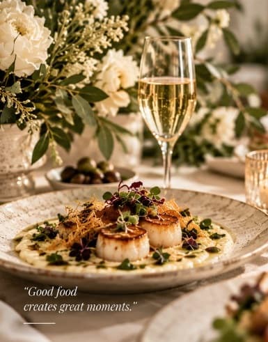 Seared scallops plated with champagne and white flowers.