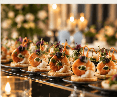 Passed shrimp hors d’oeuvres arranged for a cocktail reception.