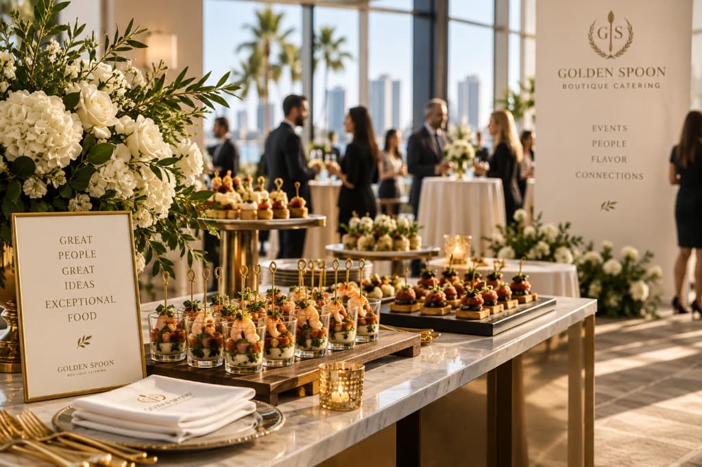 An elegant catering table prepared for a corporate event.