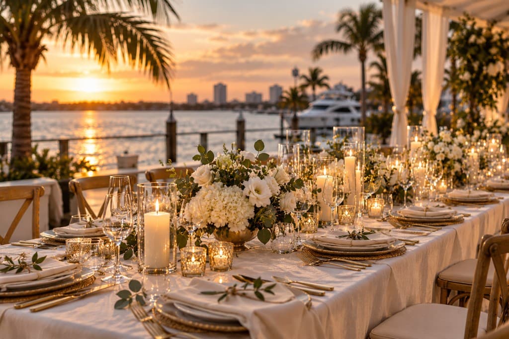 An outdoor waterfront dinner table with florals, candlelight and gold place settings at sunset.