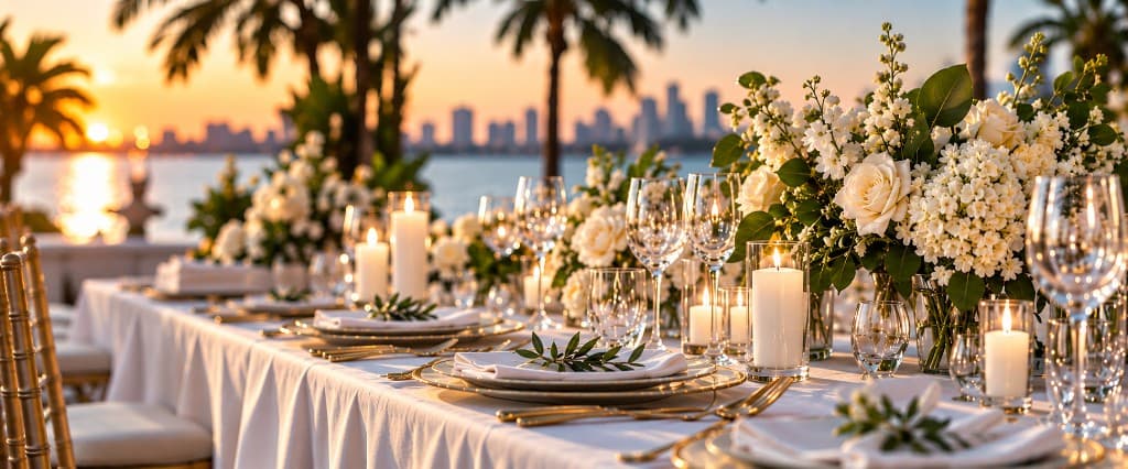 A long outdoor banquet table with florals, candlelight and gold-rimmed settings at sunset.