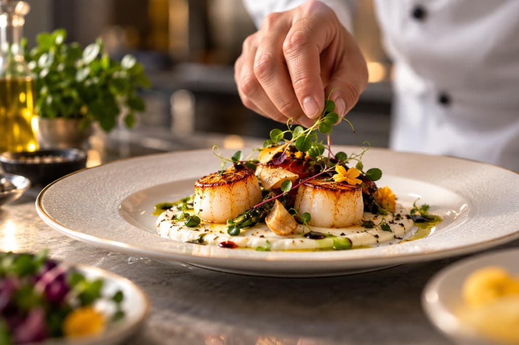 A chef finishing a plated scallop dish with microgreens.