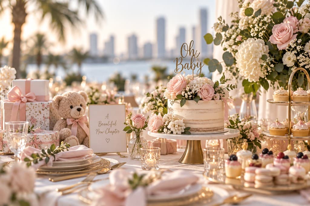 A baby shower table with an Oh Baby cake, pink florals, gifts and a teddy bear.