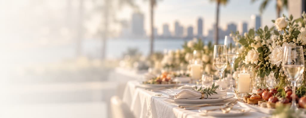 A waterfront catering table with gold-rimmed place settings, florals and hors d’oeuvres at sunset.